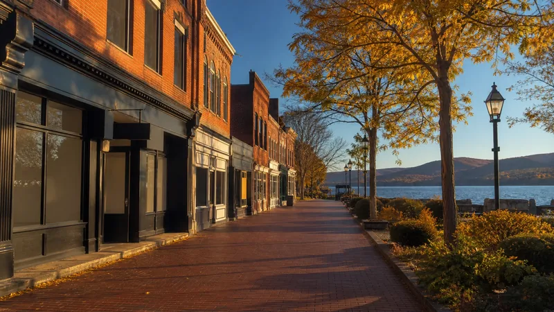 Brick storefronts on a pedestrian street in a small New England city, autumn light, lake and hills beyond, Burlington VT Business Licenses