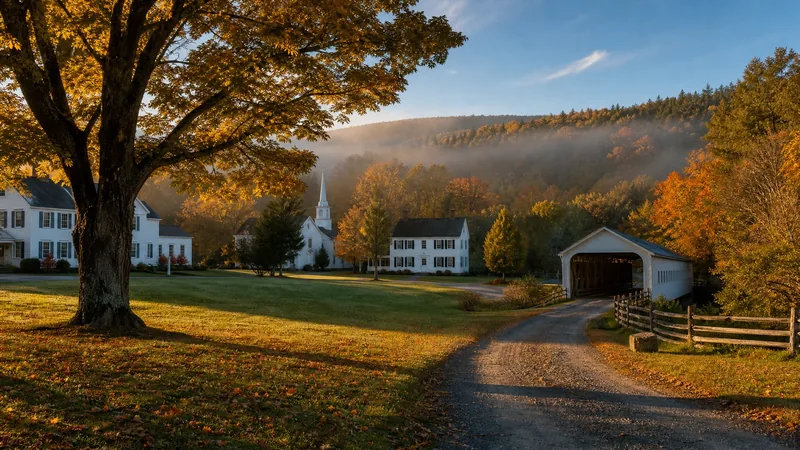 Small Vermont village green with white clapboard buildings and a covered bridge, early autumn morning, Brattleboro Business License