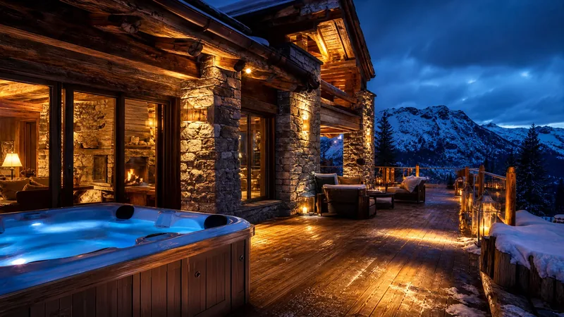 Stone and timber cabin with a hot tub on a snowy mountain deck at dusk, Vermont Short-Term Rental Rules by Town